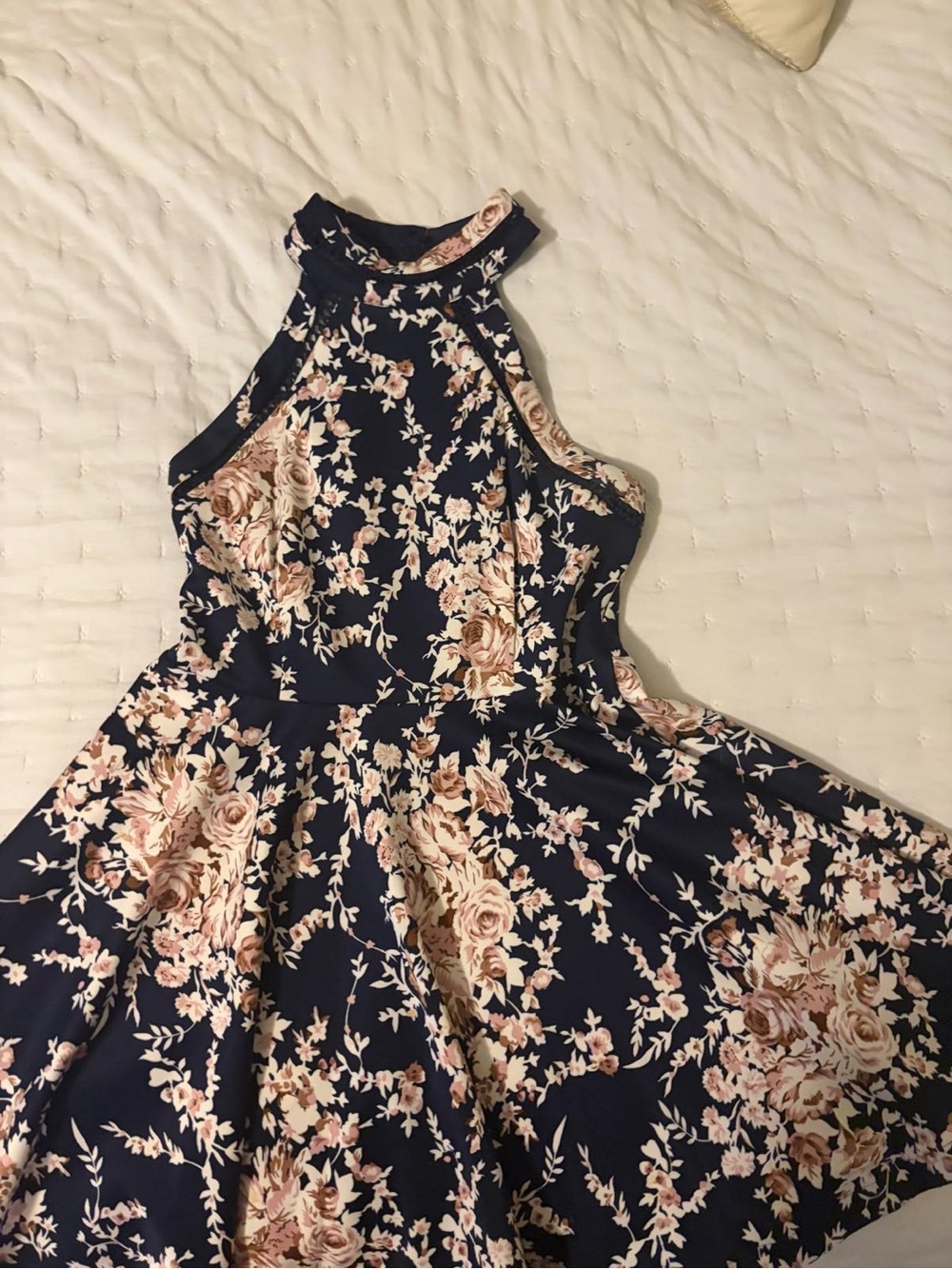 B Darlin Navy Floral Halter Dress with Pink and Cream Roses
